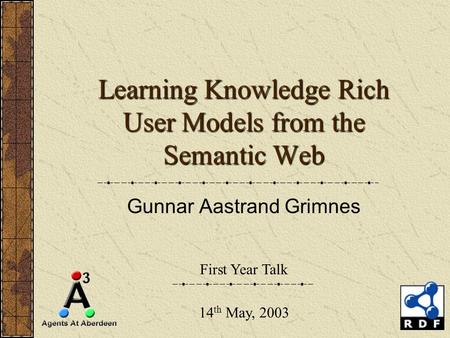 Learning Knowledge Rich User Models from the Semantic Web Gunnar Aastrand Grimnes First Year Talk 14 th May, 2003.