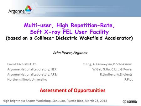 Multi-user, High Repetition-Rate, Soft X-ray FEL User Facility (based on a Collinear Dielectric Wakefield Accelerator) Euclid Techlabs LLC: C.Jing, A.Kanareykin,