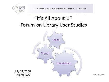“It’s All About U” Forum on Library User Studies Revelations Trends Ideas July 31, 2008 Atlanta, GA VW, LB 11/08.