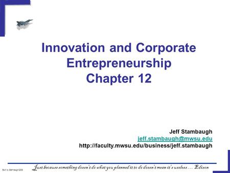 Innovation and Corporate Entrepreneurship Chapter 12 Built by Stambaugh/2008 Just because something doesn't do what you planned it to do doesn't mean it's.