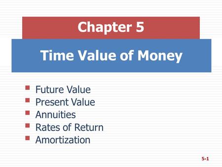 Time Value of Money Chapter 5  Future Value  Present Value  Annuities  Rates of Return  Amortization 5-1.