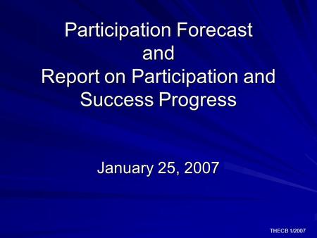 THECB 1/2007 Participation Forecast and Report on Participation and Success Progress January 25, 2007.
