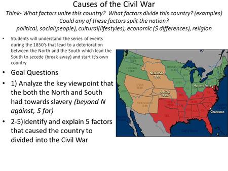 Causes of the Civil War Think- What factors unite this country
