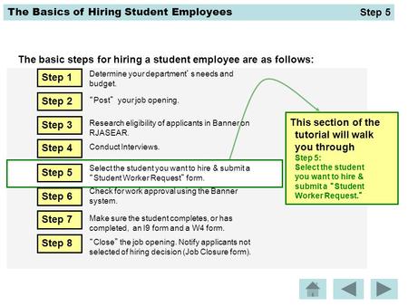 The Basics of Hiring Student Employees The basic steps for hiring a student employee are as follows: This section of the tutorial will walk you through.