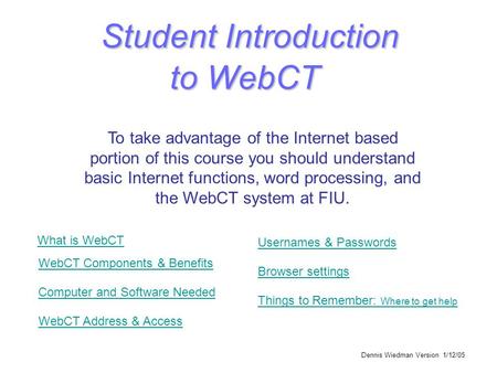 Dennis Wiedman Version 1/12/05 Student Introduction to WebCT To take advantage of the Internet based portion of this course you should understand basic.