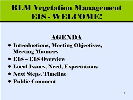 Click to edit Master title style 1 BLM Vegetation Management EIS - WELCOME! AGENDA Introductions, Meeting Objectives, Meeting Manners EIS – EIS Overview.