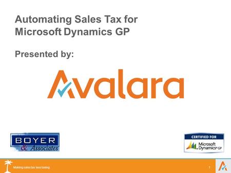 Making sales tax less taxing. 1 Automating Sales Tax for Microsoft Dynamics GP Presented by: