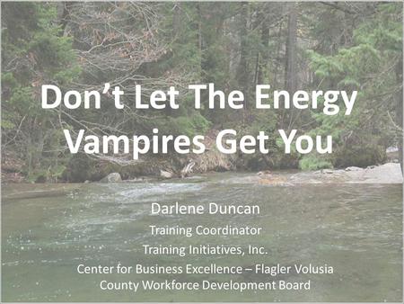 Don’t Let The Energy Vampires Get You Darlene Duncan Training Coordinator Training Initiatives, Inc. Center for Business Excellence – Flagler Volusia County.