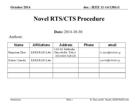 Doc.: IEEE 11-14/1381r1 Submission Novel RTS/CTS Procedure October 2014 B. Zhao and K. Yunoki, KDDI R&D LabsSlide 1 Date: 2014-10-30 Authors:
