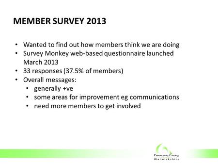 MEMBER SURVEY 2013 Wanted to find out how members think we are doing Survey Monkey web-based questionnaire launched March 2013 33 responses (37.5% of members)