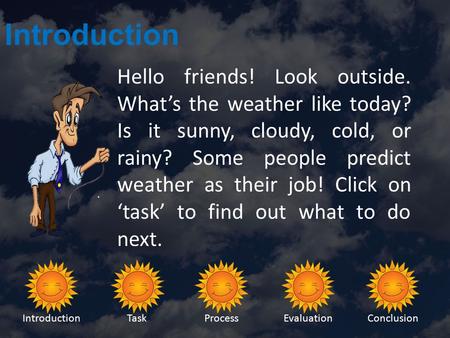 IntroductionTaskProcessEvaluationConclusion Introduction Hello friends! Look outside. What’s the weather like today? Is it sunny, cloudy, cold, or rainy?