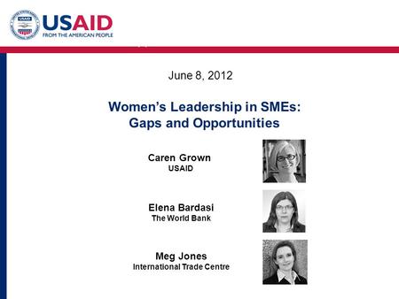 Women’s Leadership in SMEs: Gaps and Opportunities June 8, 2012 Caren Grown USAID Elena Bardasi The World Bank Meg Jones International Trade Centre Women’s.