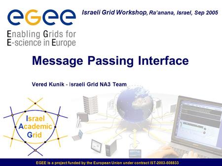 Israeli Grid Workshop, Ra’anana, Israel, Sep 2005 Message Passing Interface Vered Kunik - Israeli Grid NA3 Team EGEE is a project funded by the European.