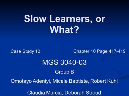 Slow Learners, or What? MGS 3040-03 Group B Omotayo Adeniyi, Micale Baptiste, Robert Kuhl Claudia Murcia, Deborah Stroud Case Study 10 Chapter 10 Page.