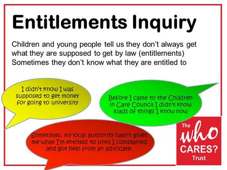 Entitlements Inquiry Children and young people tell us they don’t always get what they are supposed to get by law (entitlements) Sometimes they don’t know.