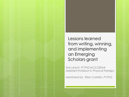 Lessons learned from writing, winning, and implementing an Emerging Scholars grant Sue Leach, PT,PhD,NCS,CEEAA Assistant Professor in Physical Therapy.