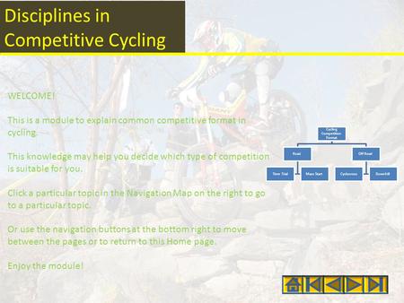 Disciplines in Competitive Cycling WELCOME! This is a module to explain common competitive format in cycling. This knowledge may help you decide which.