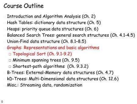 0 Course Outline n Introduction and Algorithm Analysis (Ch. 2) n Hash Tables: dictionary data structure (Ch. 5) n Heaps: priority queue data structures.
