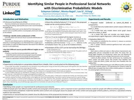 Suleyman Cetintas 1, Monica Rogati 2, Luo Si 1, Yi Fang 1 Identifying Similar People in Professional Social Networks with Discriminative Probabilistic.