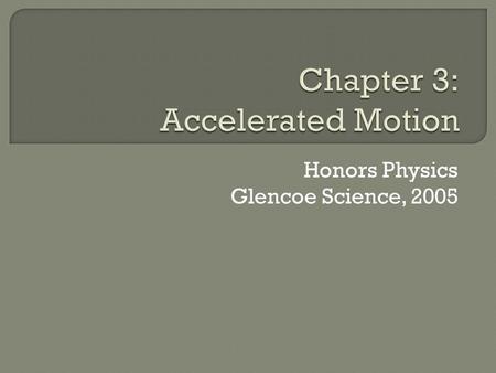 Honors Physics Glencoe Science, 2005.  Change in time- ending time minus initial time  t = t f - t i  Change in velocity- final velocity minus initial.