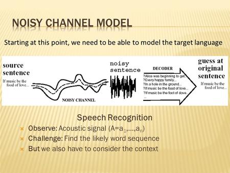 Speech Recognition  Observe: Acoustic signal (A=a 1,…,a n )  Challenge: Find the likely word sequence  But we also have to consider the context Starting.