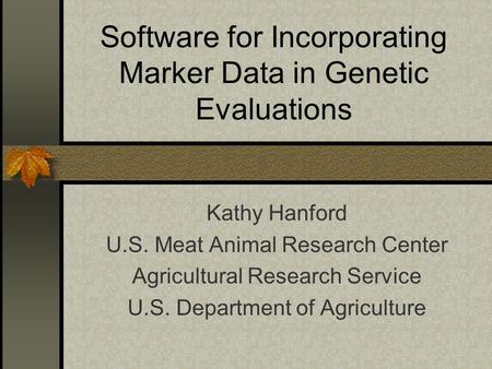 Software for Incorporating Marker Data in Genetic Evaluations Kathy Hanford U.S. Meat Animal Research Center Agricultural Research Service U.S. Department.