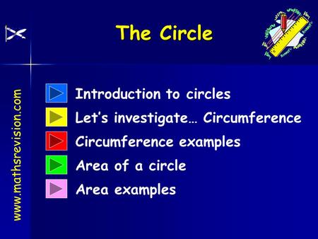 Introduction to circles Area examples Let’s investigate… Circumference Circumference examples Area of a circle The Circle www.mathsrevision.com.