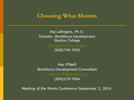 Choosing What Matters Raj Lathigara, Ph.D. Director, Workforce Development Skyline College (650)738-7076 Kay O’Neill Workforce Development.