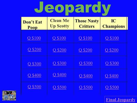 Jeopardy Don’t Eat Poop Clean Me Up Scotty Those Nasty Critters IC Champions Q $100 Q $200 Q $300 Q $400 Q $500 Q $100 Q $200 Q $300 Q $400 Q $500 Final.