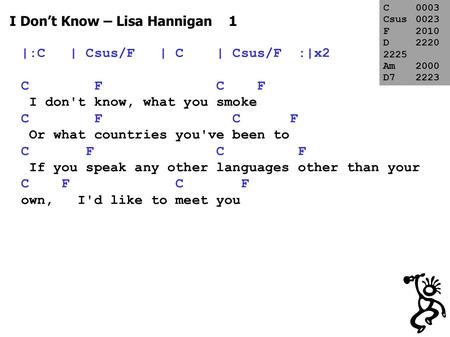 I Don’t Know – Lisa Hannigan 1 |:C | Csus/F | C | Csus/F :|x2 C F I don't know, what you smoke C F Or what countries you've been to C F If you speak any.
