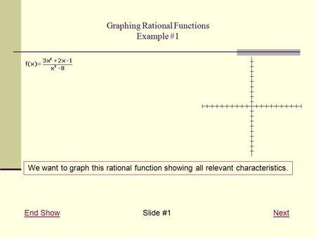 Graphing Rational Functions Example #1 End ShowEnd ShowSlide #1 NextNext We want to graph this rational function showing all relevant characteristics.