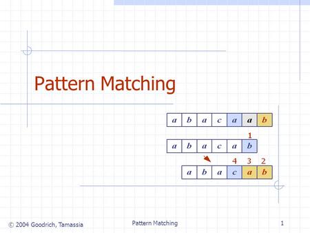 © 2004 Goodrich, Tamassia Pattern Matching1. © 2004 Goodrich, Tamassia Pattern Matching2 Strings A string is a sequence of characters Examples of strings: