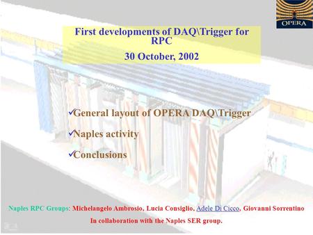 First developments of DAQ\Trigger for RPC 30 October, 2002 General layout of OPERA DAQ\Trigger Naples activity Conclusions Adele Di Cicco Naples RPC Groups: