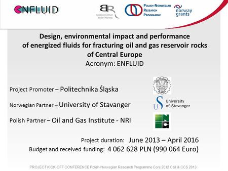 Design, environmental impact and performance of energized fluids for fracturing oil and gas reservoir rocks of Central Europe Acronym: ENFLUID Project.