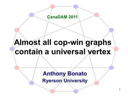 1 Almost all cop-win graphs contain a universal vertex Anthony Bonato Ryerson University CanaDAM 2011.
