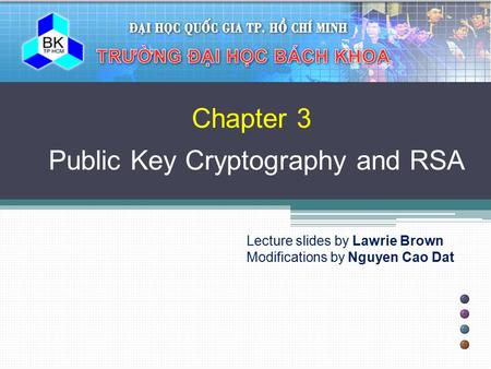 Chapter 3 Public Key Cryptography and RSA Lecture slides by Lawrie Brown Modifications by Nguyen Cao Dat.