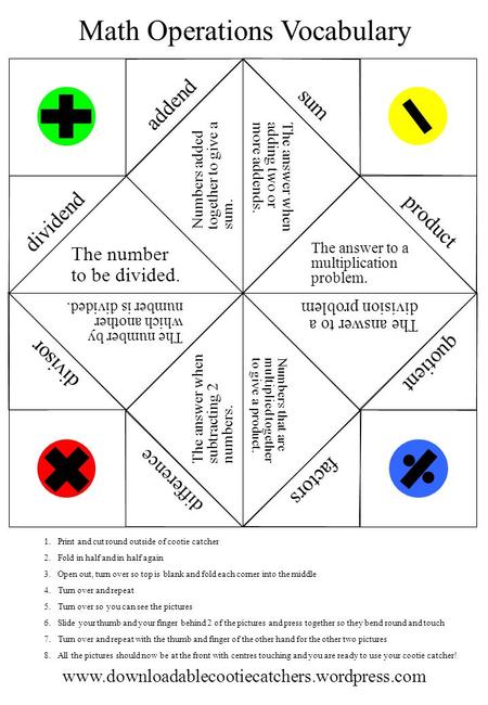 Www.downloadablecootiecatchers.wordpress.com 1.Print and cut round outside of cootie catcher 2.Fold in half and in half again 3.Open out, turn over so.