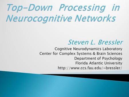 Steven L. Bressler Cognitive Neurodynamics Laboratory Center for Complex Systems & Brain Sciences Department of Psychology Florida Atlantic University.