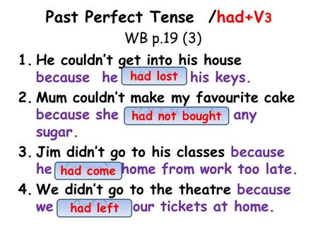Past Perfect Tense /had+V 3 WB p.19 (3) 1.He couldn’t get into his house because he (lost) his keys. 2.Mum couldn’t make my favourite cake because she.