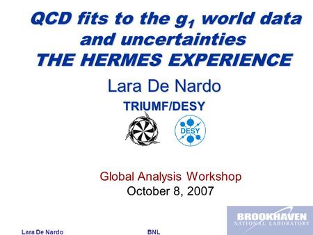 Lara De Nardo BNL October 8, 2007 QCD fits to the g 1 world data and uncertainties THE HERMES EXPERIENCE QCD fits to the g 1 world data and uncertainties.