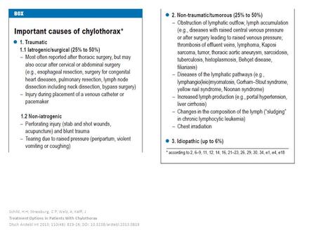 Schild, H H; Strassburg, C P; Welz, A; Kalff, J Treatment Options in Patients With Chylothorax Dtsch Arztebl Int 2013; 110(48): 819-26; DOI: 10.3238/arztebl.2013.0819.