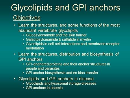 Glycolipids and GPI anchors Glycolipids and GPI anchors Glycolipids and GPI anchors Glycolipids and GPI anchors Learn the structures, and some functions.