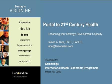 ©2005 Larson, Allen, Weishair & Co., LLP 1 Portal to 21 st Century Health Enhancing your Strategy Development Capacity James A. Rice, Ph.D., FACHE