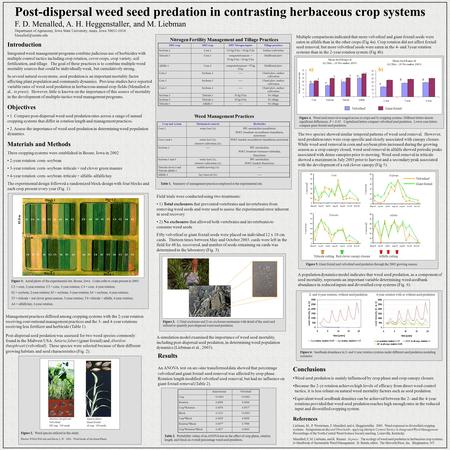 Post-dispersal weed seed predation in contrasting herbaceous crop systems F. D. Menalled, A. H. Heggenstaller, and M. Liebman Department of Agronomy, Iowa.