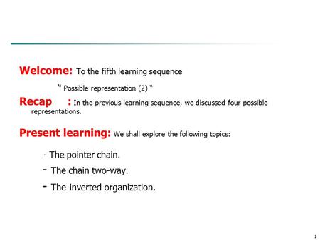 1 Welcome: To the fifth learning sequence “ Possible representation (2) “ Recap : In the previous learning sequence, we discussed four possible representations.