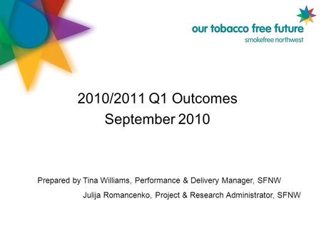 Quarter 3 Results – Interim 2010/2011 Q1 Outcomes September 2010 Prepared byTina Williams, Performance & Delivery Manager, SFNW Julija Romancenko, Project.