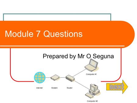 Module 7 Questions Prepared by Mr O Seguna. Contents Q1 – Uniform Resource Locator (web address)Uniform Resource Locator (web address) Q2 – Internet /