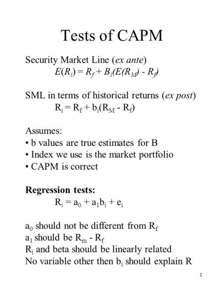 Tests of CAPM Security Market Line (ex ante)