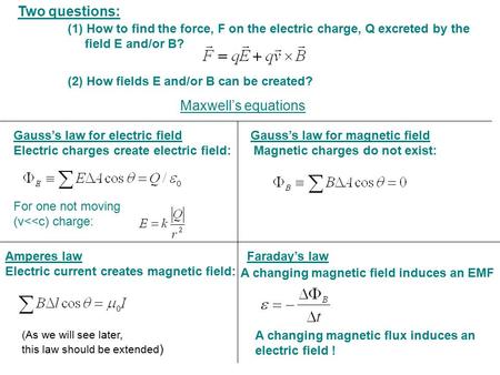 Two questions: (1) How to find the force, F on the electric charge, Q excreted by the 	 field E and/or B? (2) How fields E and/or B can be created?