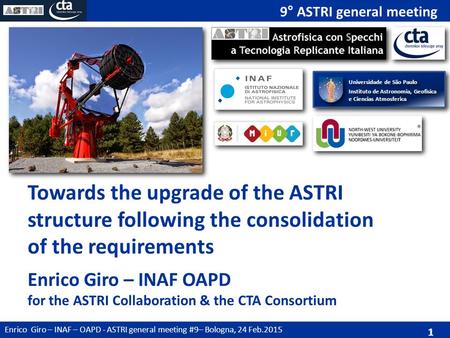 Enrico Giro – INAF – OAPD - ASTRI general meeting #9– Bologna, 24 Feb.2015 11 Towards the upgrade of the ASTRI structure following the consolidation of.